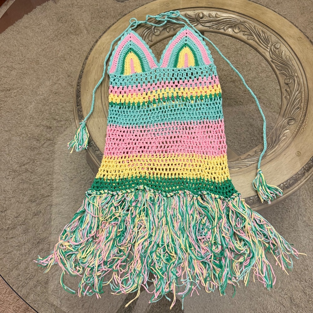 Crochet Fringe Swim Coverup Dress in Mint, Pink & Yellow - Picture 4 of 9